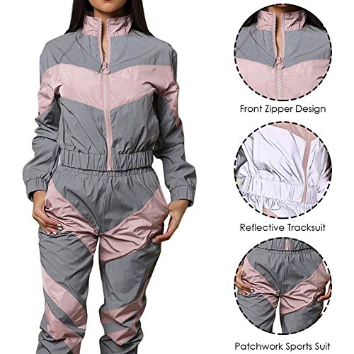 Xingsiyue Conjunto de Trajes Reflectantes con Cremallera de 2 Piezas para Mujer, Chaqueta de Manga Larga + Pantalones de Cintura Elástica Conjunto