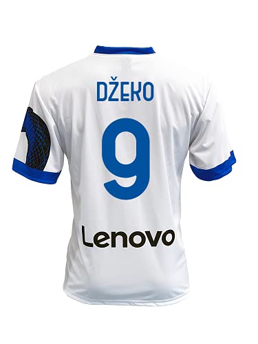 ZeroPlayer Camiseta del Inter Edin Dzeko 9 Away 2021 2022, réplica oficial (Talla 2, 4, 6, 8, 10, 12 años para niño) (Talla S, M, L, XL, XXL, Adulto) blanco, azul, negro, 100% poliéster