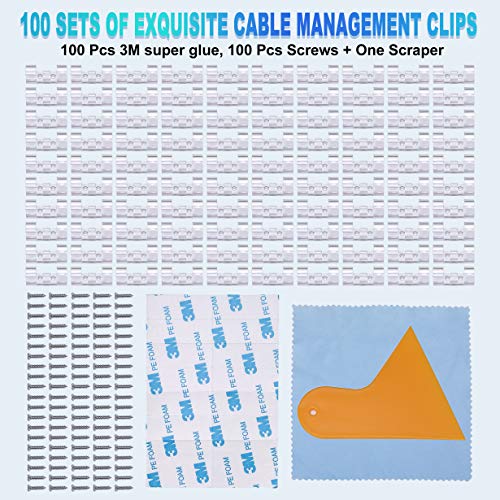 100 Clips Grapas de Pared para Cable, Organizador de Cables con Tornillos y Adhesivo, Abrazadera de Cables, Audio para Hogar, Oficina, TV, USB, Coche y Taller, Equipado con raspador y paño de limpieza