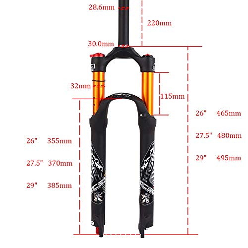 26/27.5/29 Horquillas de suspensión de MTB con ajuste de rebote de aire, tubo recto 28,6 mm QR 9 mm de recorrido 115 mm Bloqueo de corona Horquillas de bicicleta de montaña, amortiguador de gas X