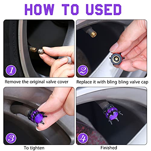 4 Tapas de Válvula Brillante Cubiertas de Casquillos de Neumático de Coche de Corona de Diamante Artificial de Cristal Hecho a Mano Cromados, Atractivos Accesorios a Prueba de Polvo (Purple and Black)