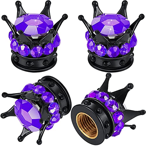 4 Tapas de Válvula Brillante Cubiertas de Casquillos de Neumático de Coche de Corona de Diamante Artificial de Cristal Hecho a Mano Cromados, Atractivos Accesorios a Prueba de Polvo (Purple and Black)