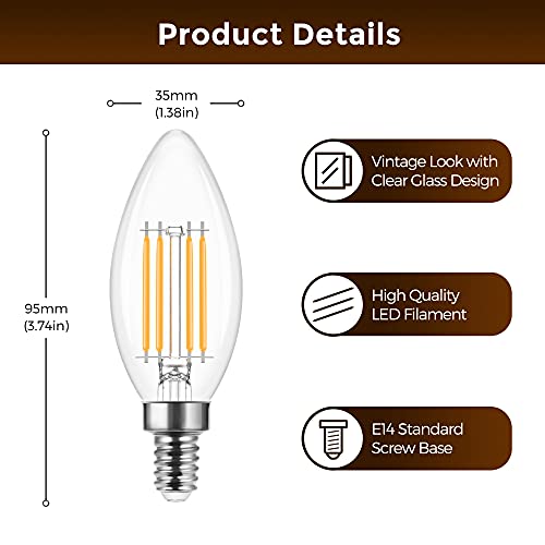 4X LOHAS 4W E14 Bombilla LED Vela, Equivalente a 40W, C35 Vintage Filamento LED Bombillas Blanco Cálido 2700K, 400LM, SES Pequeña Bombillas Edison E14 230V, No Regulable