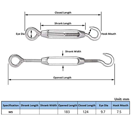 5 Piezas Gancho Tensor de Cadenas Acero, Gancho Tensor Tensión Cuerda, M5 304 Tensores de Acero Inoxidable, para Trabajos Pesados Tensor Cable Tensado, Accesorios Cable Regulación(Plata)