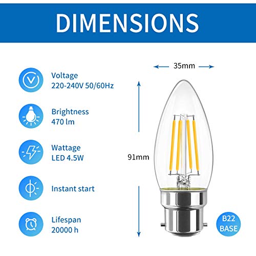 6 Unidades 4.5W Bombillas LED con Filamento B22, 470 Lúmenes, 2700K Blanco Cálido, C35 Bombilla Vela Vintage Retro Decorativa, No Regulable -ANWIO.