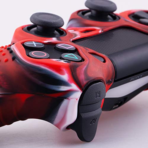 9CDeer 1 Pieza de Siliconas Tachonado Protector Manga Caso Cubierta Piel Cover Skin +8 Puños de Pulgar Tapas Analógicas Thumb Grip +2 a Prueba de Polvo Tapones para Mando PS4/Slim/Pro, Camuflaje Rojo