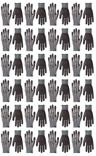 Amazon Basics - Guantes de trabajo con revestimiento de poliuretano, forro de fibra de poliéster, compatibles con pantallas táctiles, gris, talla 8, M, 24 pares