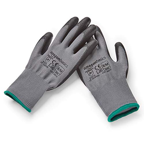 Amazon Basics - Guantes de trabajo con revestimiento de poliuretano, forro de fibra de poliéster, compatibles con pantallas táctiles, gris, talla 8, M, 24 pares