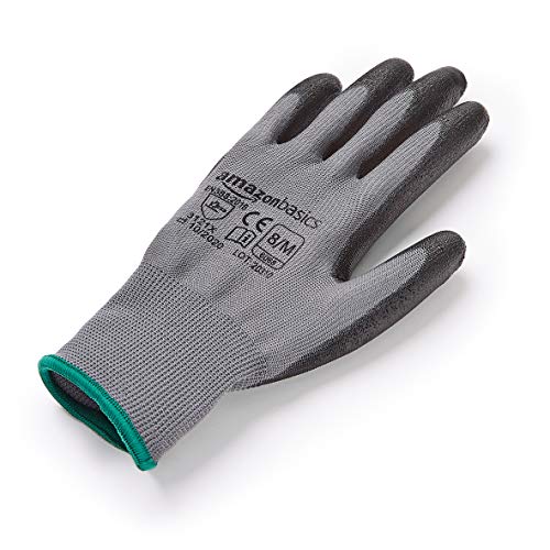 Amazon Basics - Guantes de trabajo con revestimiento de poliuretano, forro de fibra de poliéster, compatibles con pantallas táctiles, gris, talla 8, M, 24 pares