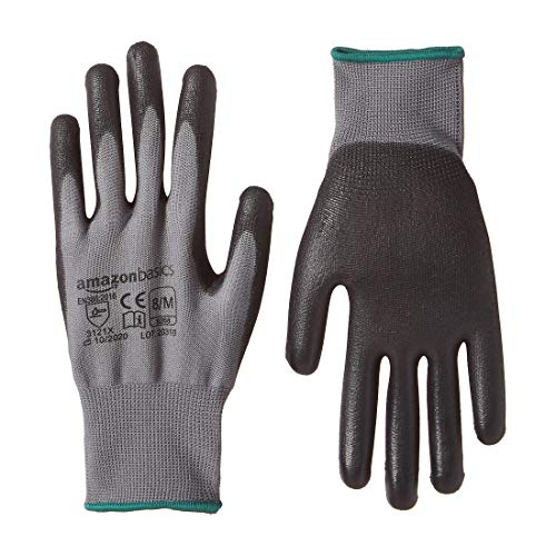 Amazon Basics - Guantes de trabajo con revestimiento de poliuretano, forro de fibra de poliéster, compatibles con pantallas táctiles, gris, talla 8, M, 24 pares