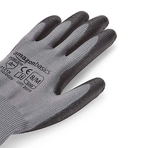 Amazon Basics - Guantes de trabajo con revestimiento de poliuretano, forro de fibra de poliéster, compatibles con pantallas táctiles, gris, talla 8, M, 24 pares