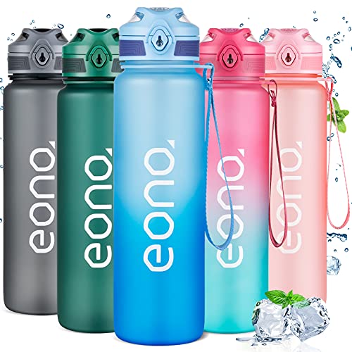 Amazon Brand - Eono Botella de Agua Deportiva 1L, Botella Agua con Infusor de Frutas Plástica Tritan sin BPA a Prueba de Fugas, con Marcador de Tiempo, para Gimnasio, Viaje, Exterior