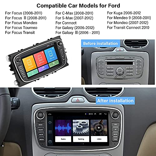 Android Radio De Coche para Ford Focus Mondeo Kuga Galaxy C-MAX S-MAX, Hikity Bluetooth Estéreo De Coche GPS Navegación Automóvil Pantalla Táctil Estéreo con WiFi FM Mirror Link (Negro)