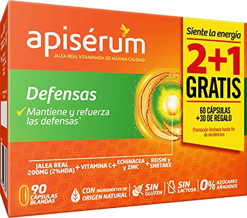 Apisérum Pack Defensas Cápsulas - 3 meses de tratamiento - Mantiene y refuerza las defensas - Multivitamínico con Jalea Real, Vitamina C, Echinacea, Zinc, Reishi y Shitake