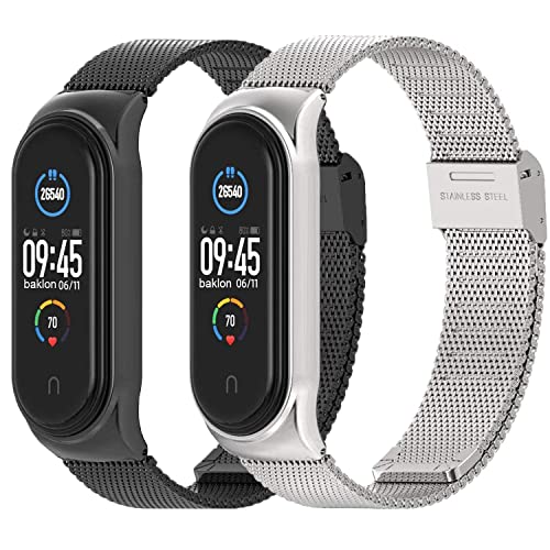 baklon 2 Pack Correa Compatible para Xiaomi Mi Band 5/6 Correas Metal, Pulsera de Acero Inoxidable Agradable para Mi Band 5/6 -Plateado y Negro