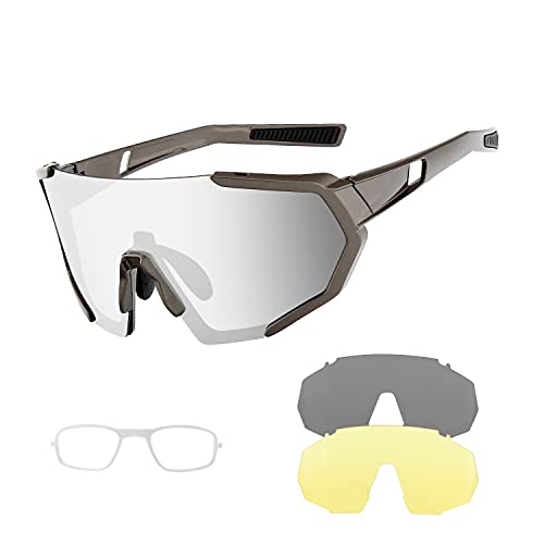 BangLong Gafas de Sol Deportivas, Gafas de Ciclismo con 3 Lentes Intercambiables para Hombres y Mujeres UV400, Utilizadas para Correr, Pescar, Golf y Béisbol (Brightgun Plata)