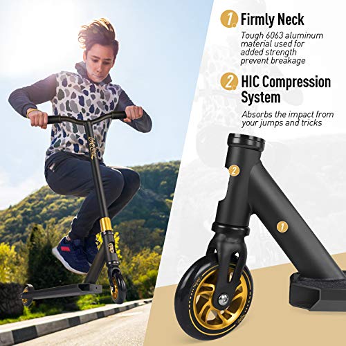 BELEEV Patinete De Acrobacias Trucos, Freestyle Pro Stunt Scooter para Adultos, Kick Scooter con Barra Fija, Ruedas con NúCleo De Aluminio De 100 mm y Rodamientos De Bolas ABEC-9(Gold)