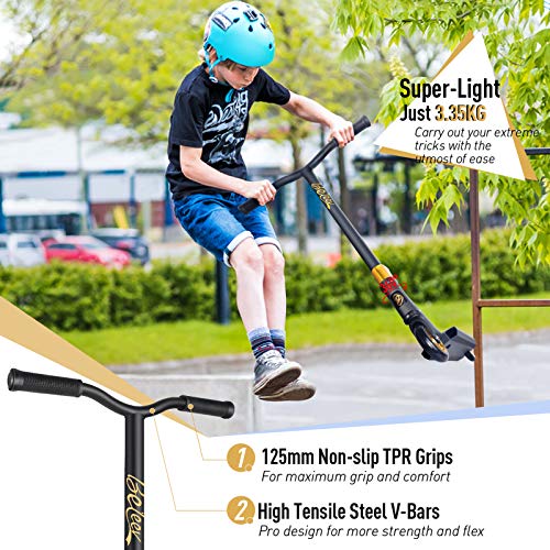 BELEEV Patinete De Acrobacias Trucos, Freestyle Pro Stunt Scooter para Adultos, Kick Scooter con Barra Fija, Ruedas con NúCleo De Aluminio De 100 mm y Rodamientos De Bolas ABEC-9(Gold)