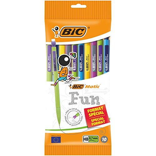 BIC Matic Fun - Portaminas, de 0,7 mm, HB, con goma (perfecto para la escuela), colores surtidos, funda especial, 10 unidades