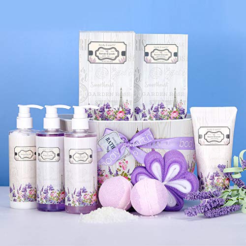 Cestas de Regalo para Mujer, Body & Earth Set de Baño Mujer de 10 Piezas a Fragancia Rosa y Lavanda Caja Spa Regalo con Gel de Ducha, Bomba de Baño, Loción Corporal y Más Ideal para Cumpleaños Navidad