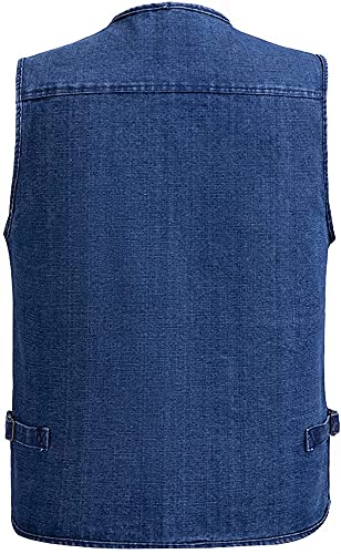 Chaleco Denim Men's Gilet Multi Pocket V-Cuello de Cuello en V Casual Senderismo Reporteros Fotografía Negociables Chaquetas sin Mangas Denim Liuyu. (Color : Denim Blue, Size : 5XL)