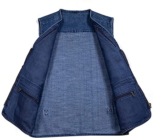 Chaleco Denim Men's Gilet Multi Pocket V-Cuello de Cuello en V Casual Senderismo Reporteros Fotografía Negociables Chaquetas sin Mangas Denim Liuyu. (Color : Denim Blue, Size : 5XL)