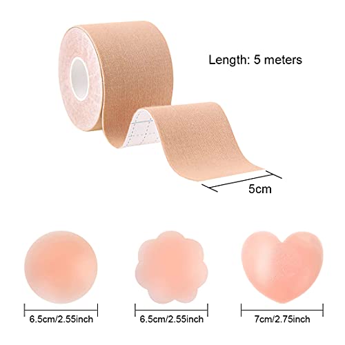 Cinta Adhesiva para Pechos Grandes,2 rodillos cinta para el cuerpo，Boob Tape Resistente al Agua Cinta Adhesiva con Efecto Sujetador Invisible,6 pezones para cubrir Pezoneras Adhesivas (Negro + Caqui)