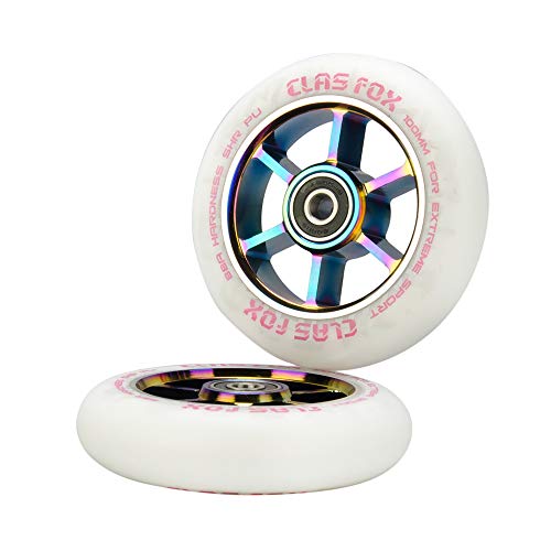 CLAS FOX Ruedas de Scooter Profesional para Acrobacias 110mm con ABEC-9 rodamientos núcleo metálico(2pcs) (Arco Iris Blanco)