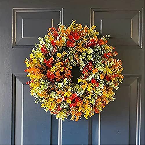 Corona de eucalipto de otoño, corona rústica de otoño, coronas de granja para puerta de entrada exterior, decoración navideña de otoño, corona de eucalipto tejida a mano, decoración rústica simple