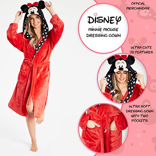 Disney Bata Mujer Invierno, Minnie Mouse Albornoz Mujer, Bata de Casa Mujer Forro Polar, Batas de Casa Mujer Invierno Capucha, Regalos para Mujer Adolescente (Rojo, L)