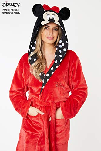 Disney Bata Mujer Invierno, Minnie Mouse Albornoz Mujer, Bata de Casa Mujer Forro Polar, Batas de Casa Mujer Invierno Capucha, Regalos para Mujer Adolescente (Rojo, L)