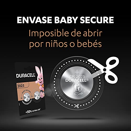 Duracell - Pilas de botón de litio 2025 de 3 V, paquete de 2, con Tecnología Baby Secure, para uso en llaves con sensor magnético, básculas, elementos vestibles, dispositivos médicos (DL2025/CR2025)