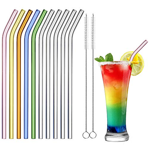 ecooe Pajitas de Vidrio 10 Pajitas Reutilizables Pajitas de Vidrio Curvo de 0,8 * 21,5 cm con 2 Cepillos de Limpieza Respetuoso con el Medio Ambiente Apto para Lavavajillas para Batidos Jugo de Cóctel