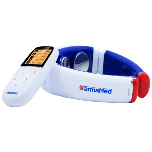 FARMAMED Electroestimulador cuello, Terapia con calor para dolores musculares, Electroestimulador cervical multifunción con control remoto con pantalla LCD