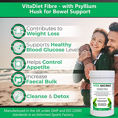 Fibra VitaDiet con cáscara de psyllium para un control suave del colesterol vegano, limpieza intestinal, desintoxicación y apoyo digestivo. Supresor natural del apetito