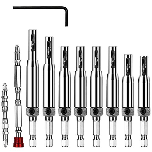 flintronic® Juego de 11 Brocas Centrales, Bisagras Autocentradas, Perforadoras, Herramientas de Carpintería Para Puerta de Armario, Brocas de Ventana de Puerta Ajustable(2/2.8/3.5/4.5/5/5.2/6 /35) mm