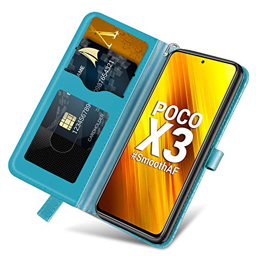 Funda para Xiaomi Poco X3 NFC/Poco X3 Pro Carcasa con Tapa Cuero PU Flip Case Móvil Cartera Magnético Cover con Función de Soporte y Ranura Tarjeta para Xiaomi Poco X3 NFC/Poco X3 Pro, Turquesa