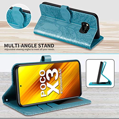 Funda para Xiaomi Poco X3 NFC/Poco X3 Pro Carcasa con Tapa Cuero PU Flip Case Móvil Cartera Magnético Cover con Función de Soporte y Ranura Tarjeta para Xiaomi Poco X3 NFC/Poco X3 Pro, Turquesa