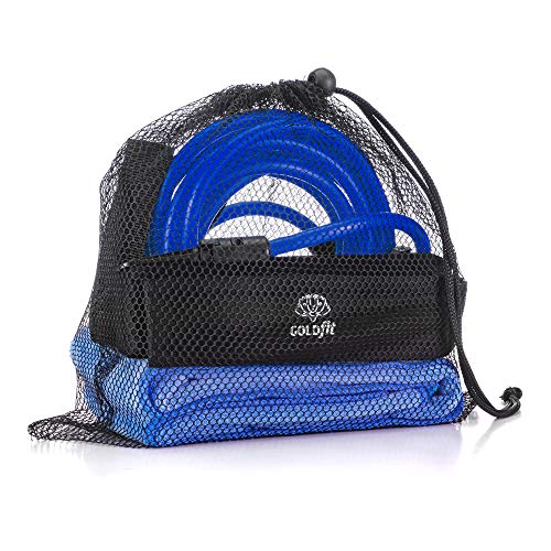 GOLDFIT Cinturón de natación estática Nadathlon, Cuerda Cinta Goma elástica de Resistencia para Nadar en Piscina, Toalla Microfibra y Funda. Kit arnés Swim Belt de Cintura para Entrenamientos. (Azul)