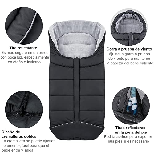 GOLDGE Saco Silla Paseo Universal Invierno, Saco para Cochecito Bebe Antideslizante, Saco de Dormir Universal para Cochecito- Negro/Gris