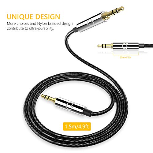 Gritin Cable de Audio, Cable Jack 3.5mm y Macho Macho de Nylon Trenzado Premium Cable Aux Auxiliar para Auriculares, iPods, Phones, iPads, Audio de Coche, Smartphones, MP3 y Más - Negro(1.5M)