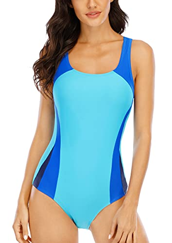 Halcurt Bañador deportivo de una pieza para mujer, espalda descubierta, Turquesa Azul, L