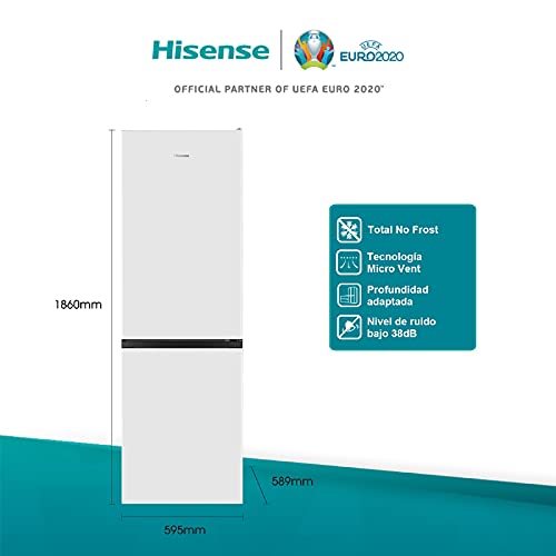 Hisense RB390N4AW1 - Frigorífico Combi No Frost, Capacidad Neta 300 L, 186 cm Alto, ECO mode, Silencioso 38 dBA, Color Blanco