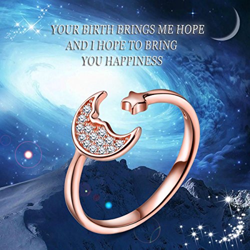 Infinite U Moon and Star Anillo de apertura ajustable de plata de ley 925 con circonita cúbica casual para mujeres/niñas, tamaño 5.5-7.5