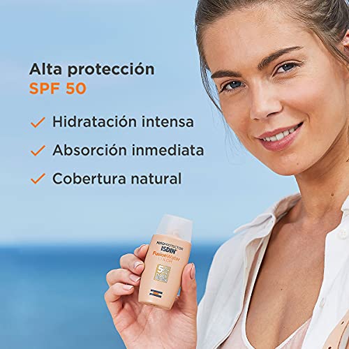 ISDIN Fotoprotector Fusion Water Color Spf 50, Protector Solar Facial de Fase Acuosa con Color Para Uso Diario, Cobertura Natural, Estándar, 50 Mililitros