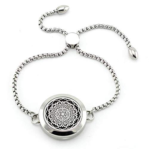 JOYMIAO - Pulsera difusor de aceites esenciales, difusor de 25 mm, pulsera de cadena de relicario, juego de pulsera de acero inoxidable con 8 almohadillas, pulsera ajustable, regalo de joyería para mu