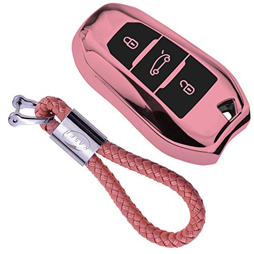 kaser Funda de Silicona para Llave Peugeot Citroen – Cover Mando Distancia Carcasa de TPU Cromo Suave para Keyless Peugeot 108 208 308 508 Citroen C1 C3 C5 Protección con Llaveros (Rosa)