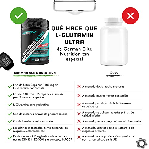 L-Glutamina - 365 Cápsulas - Dosificación extra alta con 1100 mg por cápsula - 6600 mg por ración diaria - L-Glutamina pura y ultrafina - Sin aditivos indeseables