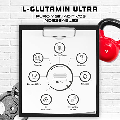 L-Glutamina - 365 Cápsulas - Dosificación extra alta con 1100 mg por cápsula - 6600 mg por ración diaria - L-Glutamina pura y ultrafina - Sin aditivos indeseables