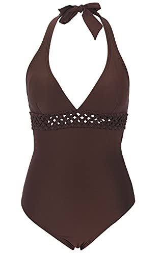 LA ORCHID Laorchid - Bañador de una pieza para mujer, cuello en V, sujeción al cuello, talla grande, push up marrón 44